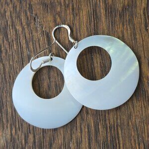 White Mother of Pearl hoop earrings. Sterling silver hooks.